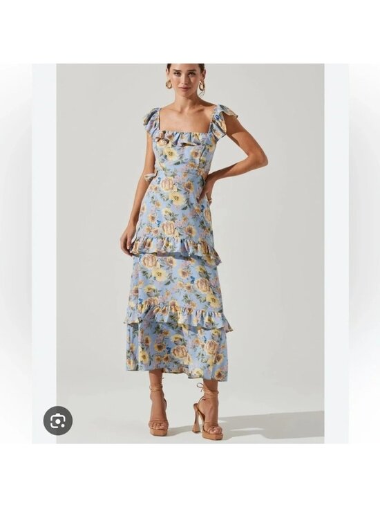 ASTR The Label Dresses & Skirts - ASTR The Label Dress S Blue Yellow Floral Ruffle Tiered Cutout Bow Cottagecore